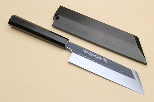 Yoshihiro Honyaki White Steel Mirror-Finished Namiukashi Kenmuki Japanese Single Edged Vegetable Knife with Premium Ebony Saya Cover