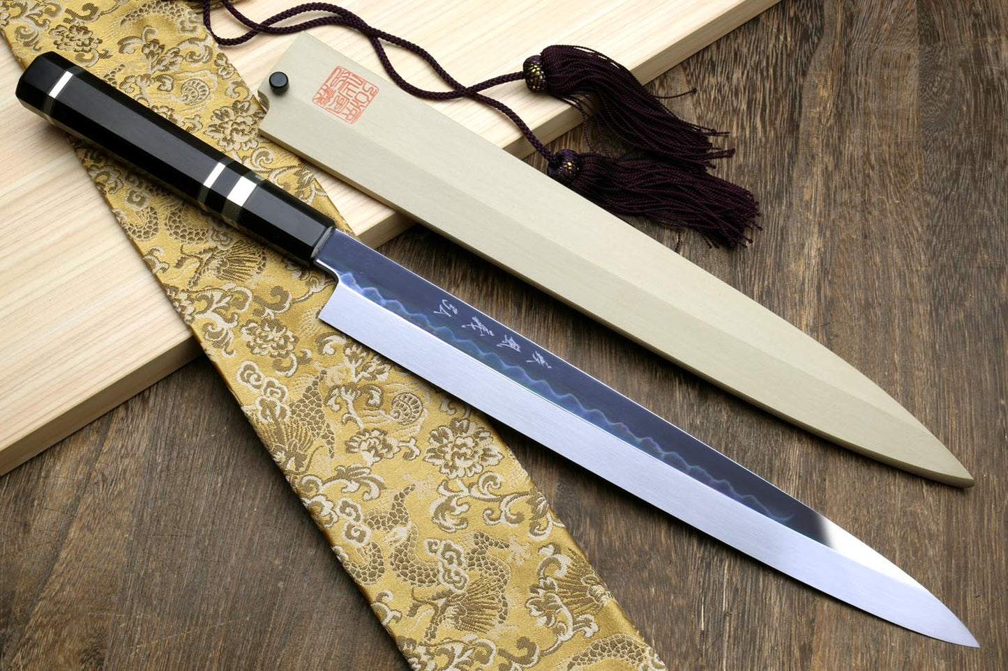 Yoshihiro Honyaki Mirror-Finished Namiukashi White Steel Yanagi Sushi Sashimi Japanese Knife with Triple Nickel Silver Ring Ebony Handle