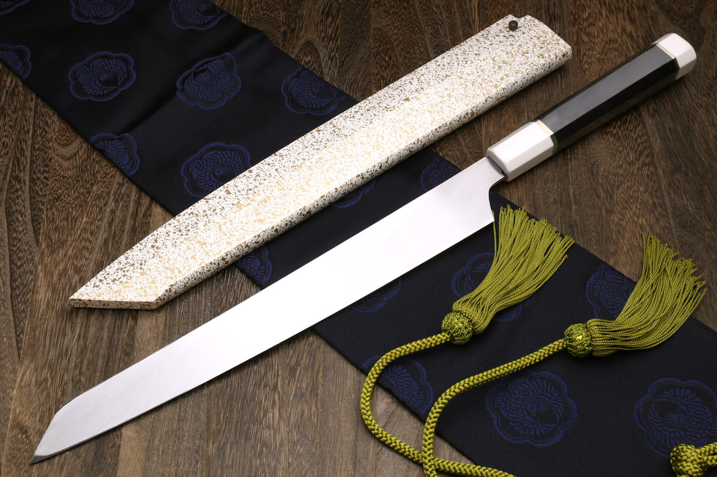 Yoshihiro Mizu Honyaki White Steel Mirror-Finished Namiukashi Yanagi Kiritsuke Sushi Sashimi Japanese Knife with Double Nickel Silver Ring Corian Ebony Handle