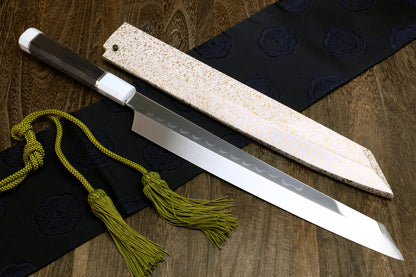 Yoshihiro Mizu Honyaki White Steel Mirror-Finished Namiukashi Yanagi Kiritsuke Sushi Sashimi Japanese Knife with Double Nickel Silver Ring Corian Ebony Handle