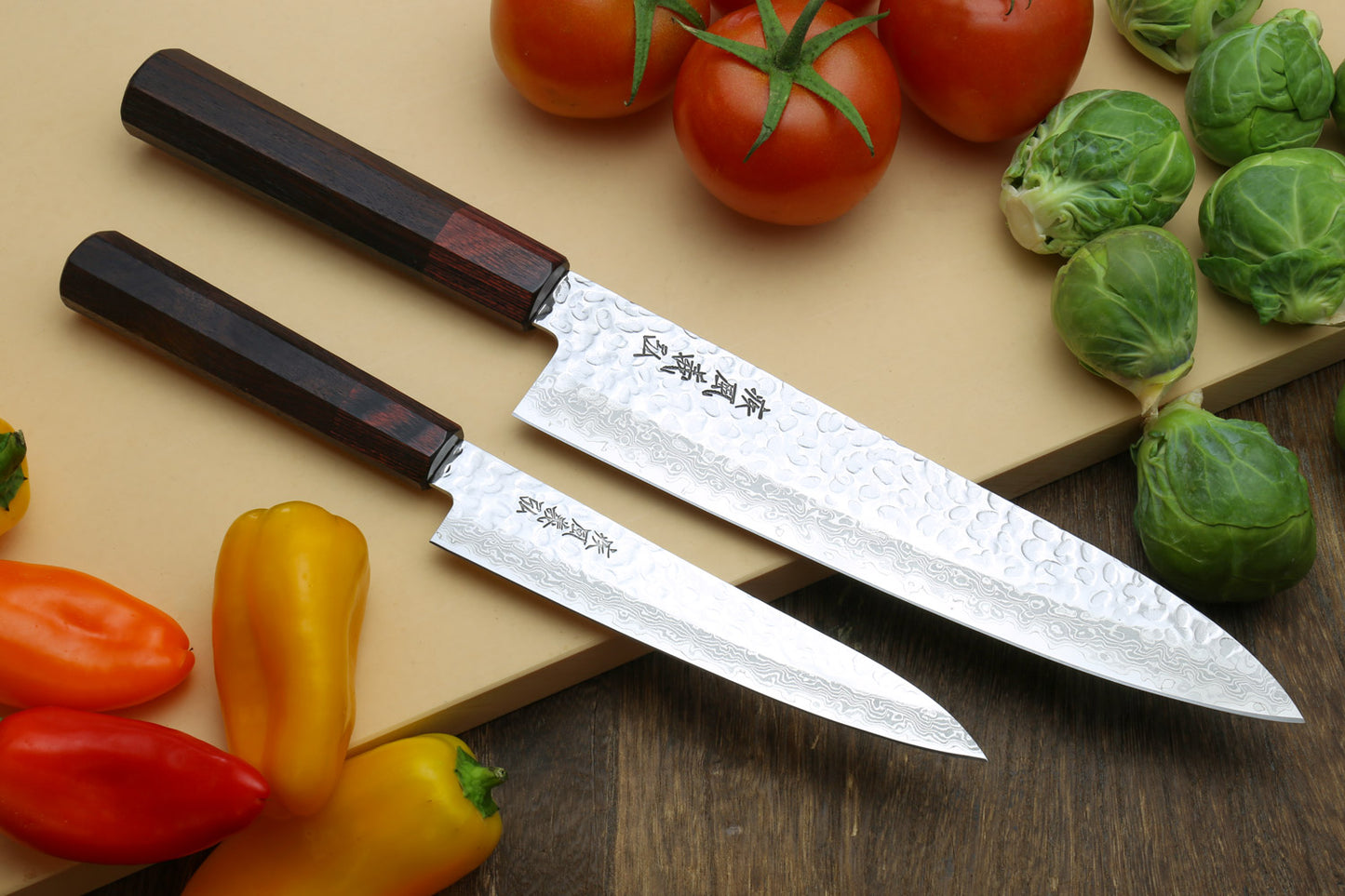 Yoshihiro VG-10 46 Layers Hammered Damascus Gyuto (210mm/240mm) Petty (150mm) Shitan Rosewood Handle Chefs Knife Set