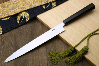 Yoshihiro Powdered High Speed Stainless Steel Yanagi Sashimi Knife Ebony Handle with Nuri Saya