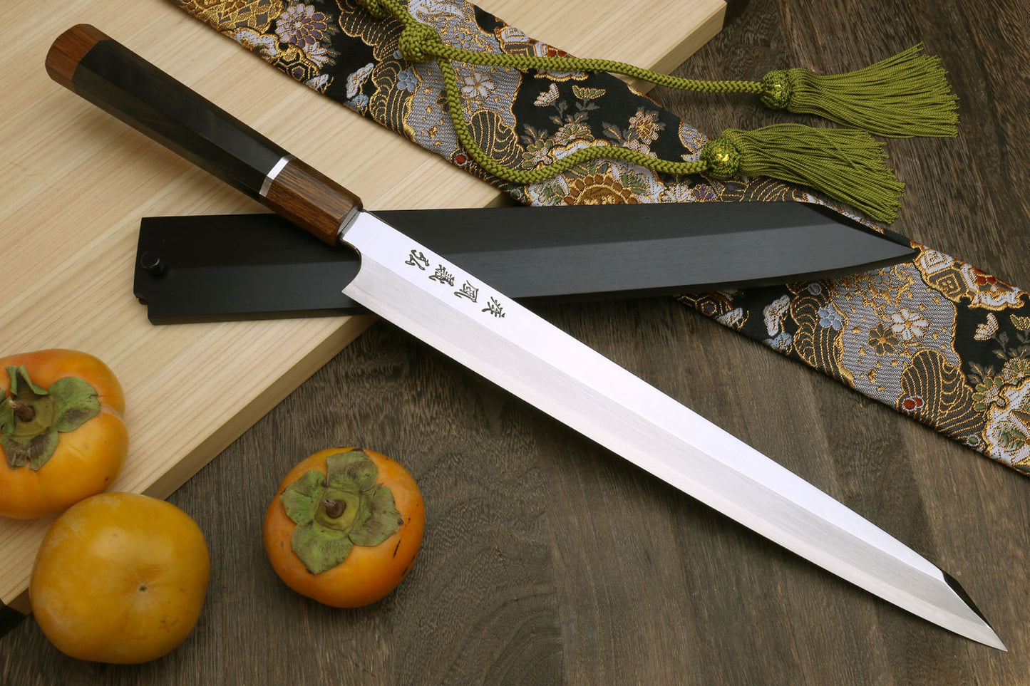 Yoshihiro VG-10 Stainless Steel Mirror Finished Yanagi Kiritsuke Sushi Sashimi Japanese Knife with Ebony Handle Sterling Silver Ring and  Nuri Saya Cover