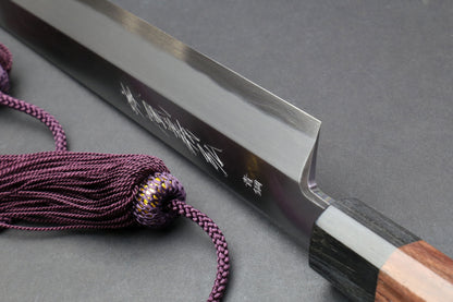 Yoshihiro Hongasumi Blue Steel Yanagi-Kiritsuke Sushi Sashimi Japanese Knife Rosewood Handle with Nuri Saya Cover