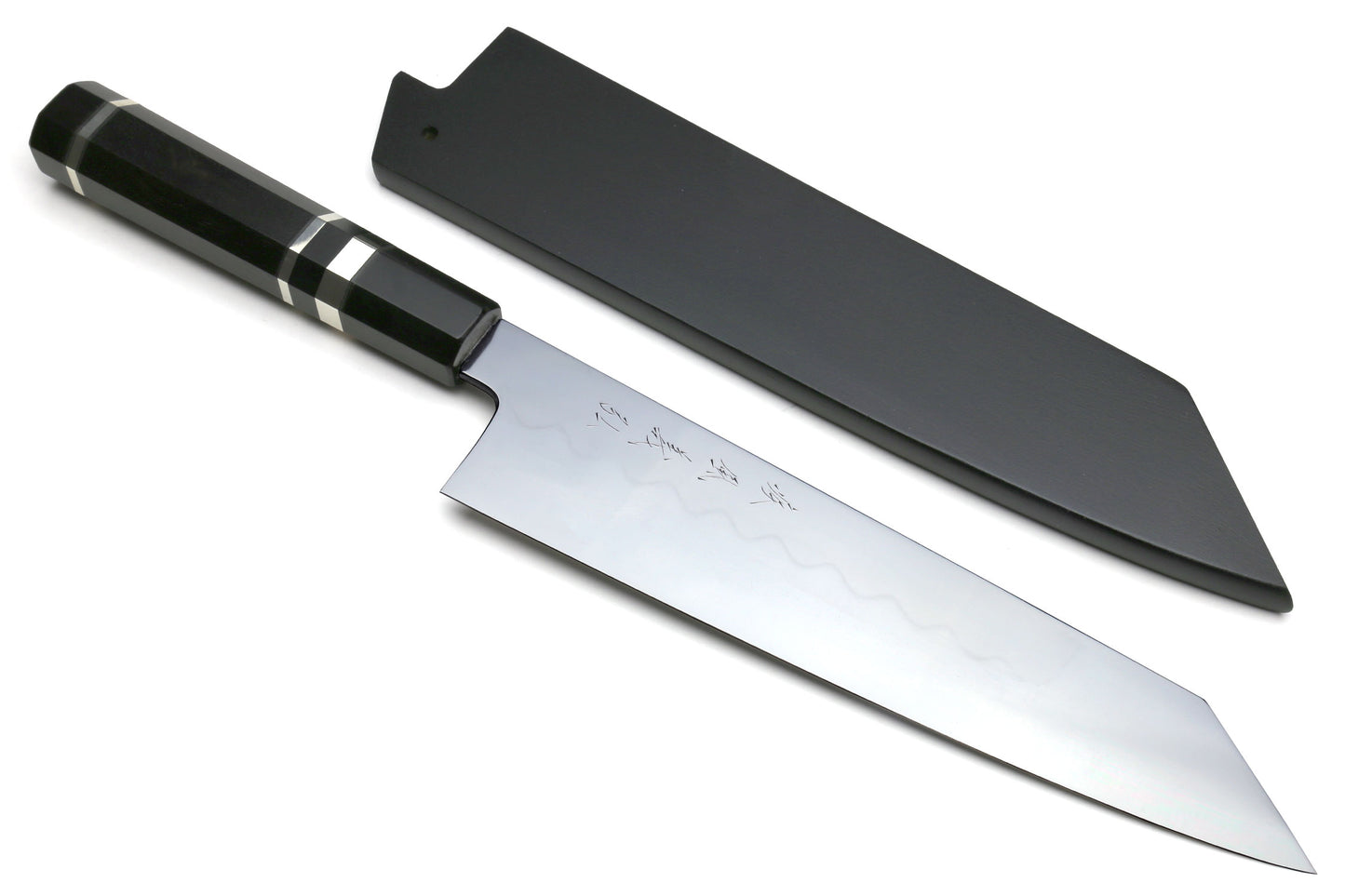 Yoshihiro Mizu Yaki Honyaki Shiroko White Steel #2 Mirror Polished Kiritsuke Japanese Multipurpose Knife with Triple Nickel Silver Ring Ebony Handle