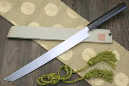 Yoshihiro Honyaki White Steel Sakimaru Takobiki Mirror Finished Sushi Sashimi Slicing Japanese Chef Knife Ebony Handle