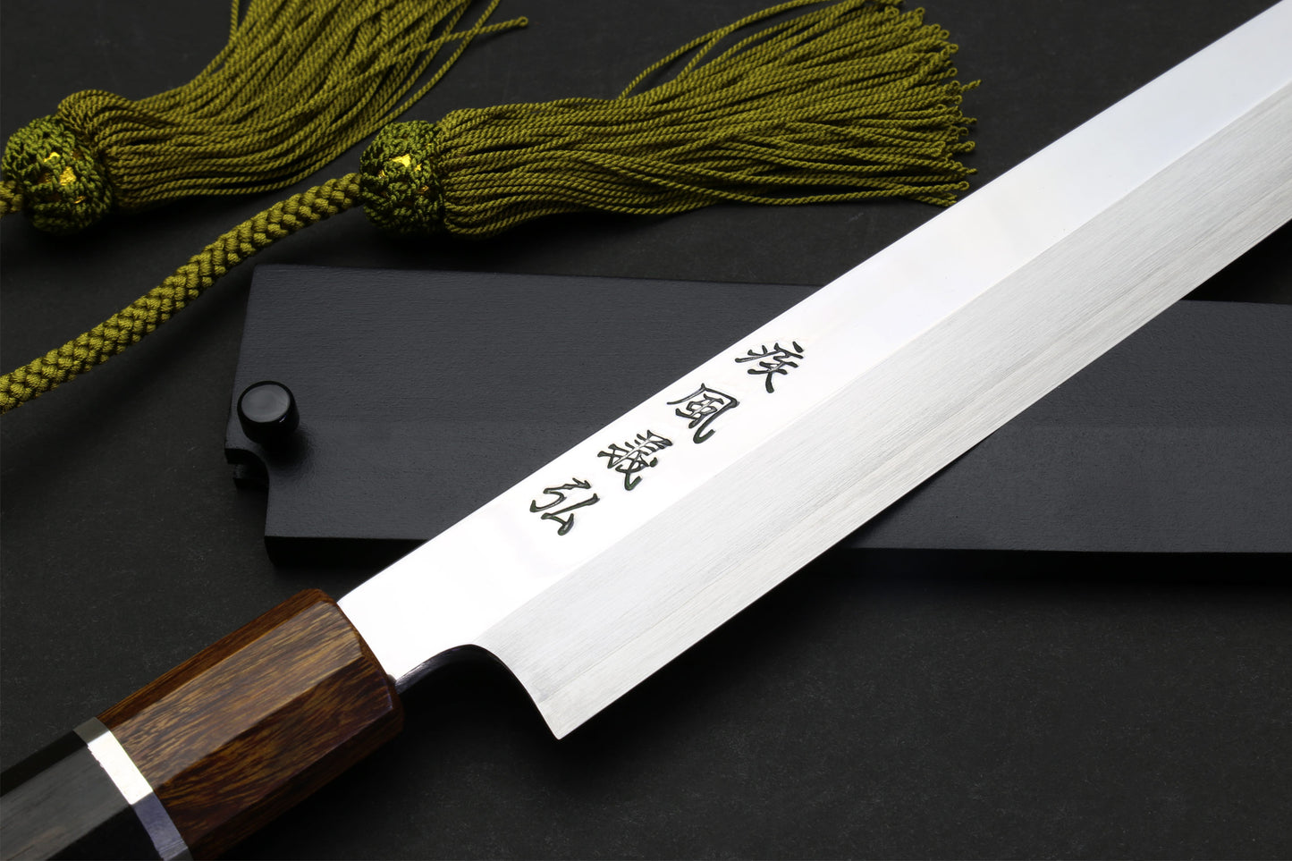 Yoshihiro SG-II (R-2) Semi-Stainless Steel Mirror Polished Yanagi Sashimi Knife, Silver Ring Ebony Handle