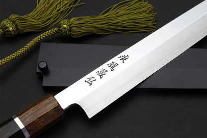 Yoshihiro SG-II (R-2) Semi-Stainless Steel Mirror Polished Yanagi Sashimi Knife, Silver Ring Ebony Handle