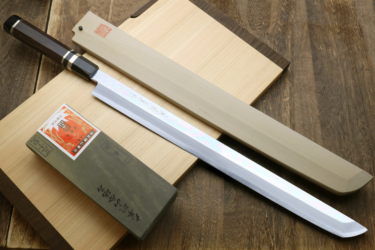 Yoshihiro Ginsan Mirror Polished Stain Resistant Steel Maguro Bocho Tuna Knife with Triple Silver Ring Ebony Handle (Sakimaru Takobiki Style) *Blade Length 17.7"