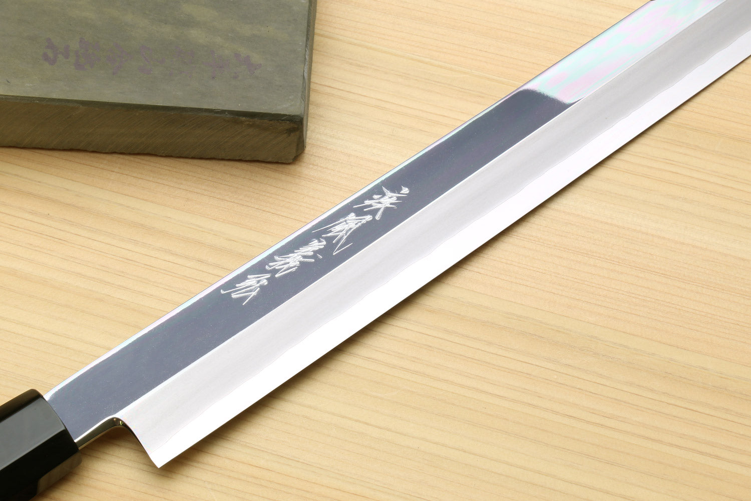 Yoshihiro Ginsan Mirror Polished Stain Resistant Steel Maguro Bocho Tuna Knife with Triple Silver Ring Ebony Handle (Sakimaru Takobiki Style) *Blade Length 17.7"