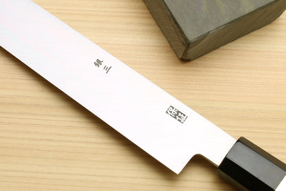 Yoshihiro Ginsan Mirror Polished Stain Resistant Steel Maguro Bocho Tuna Knife with Triple Silver Ring Ebony Handle (Sakimaru Takobiki Style) *Blade Length 17.7"