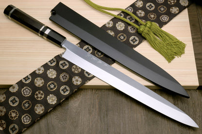 Yoshihiro Honyaki Aoko Blue Steel Mirror Finished Yanagi Sushi Sashimi Japanese knife with Triple Nickel Silver Ring Ebony Handle