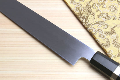 Yoshihiro Honyaki Mirror-Finished Namiukashi White Steel Yanagi Sushi Sashimi Japanese Knife with Triple Nickel Silver Ring Ebony Handle