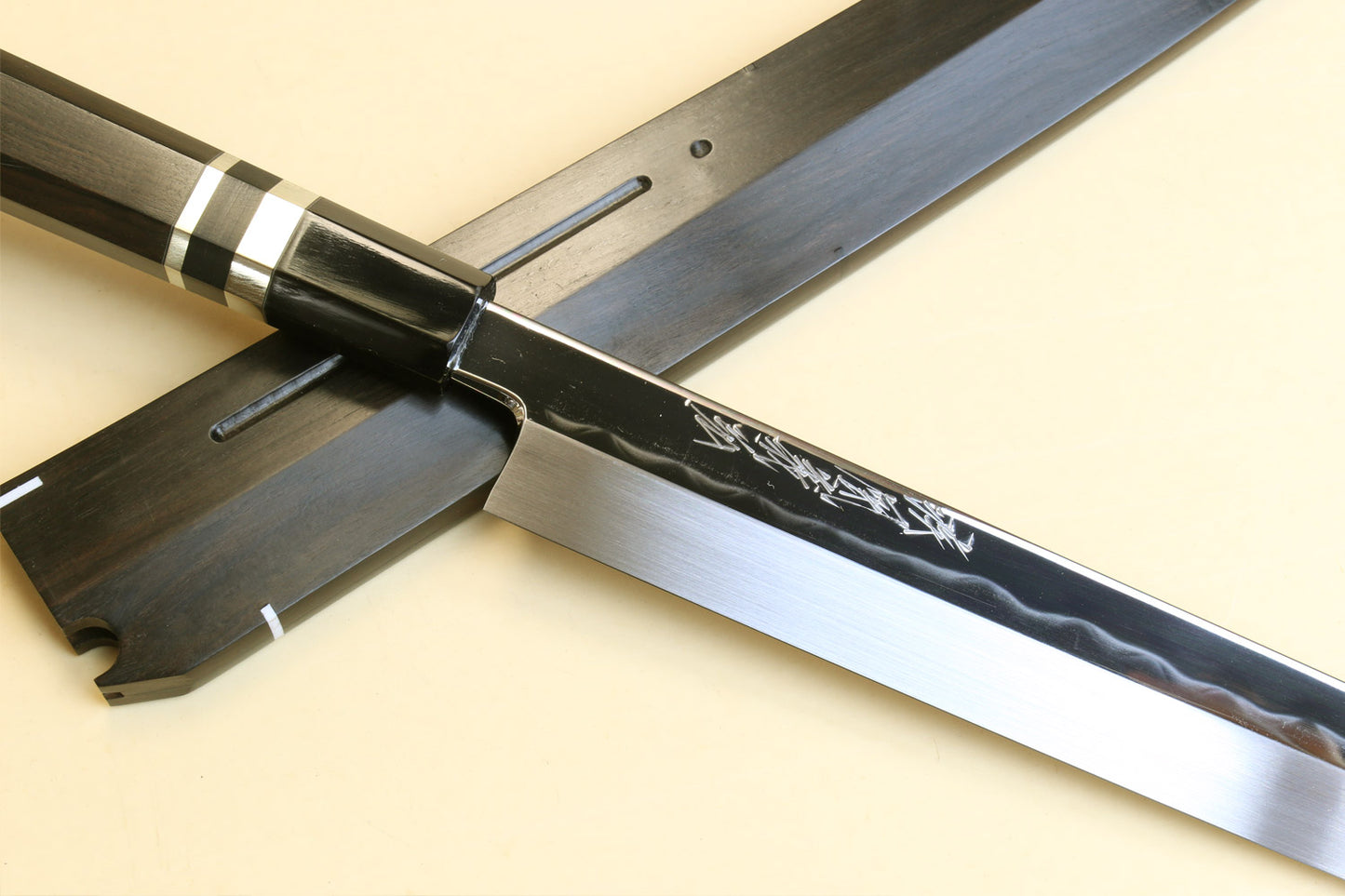 Yoshihiro Mizu Honyaki Mirror-Finished Namiukashi White Steel #2 Yanagi Kiritsuke Sushi Sashimi Japanese Knife Triple Nickel Silver Ring Ebony Handle and Saya