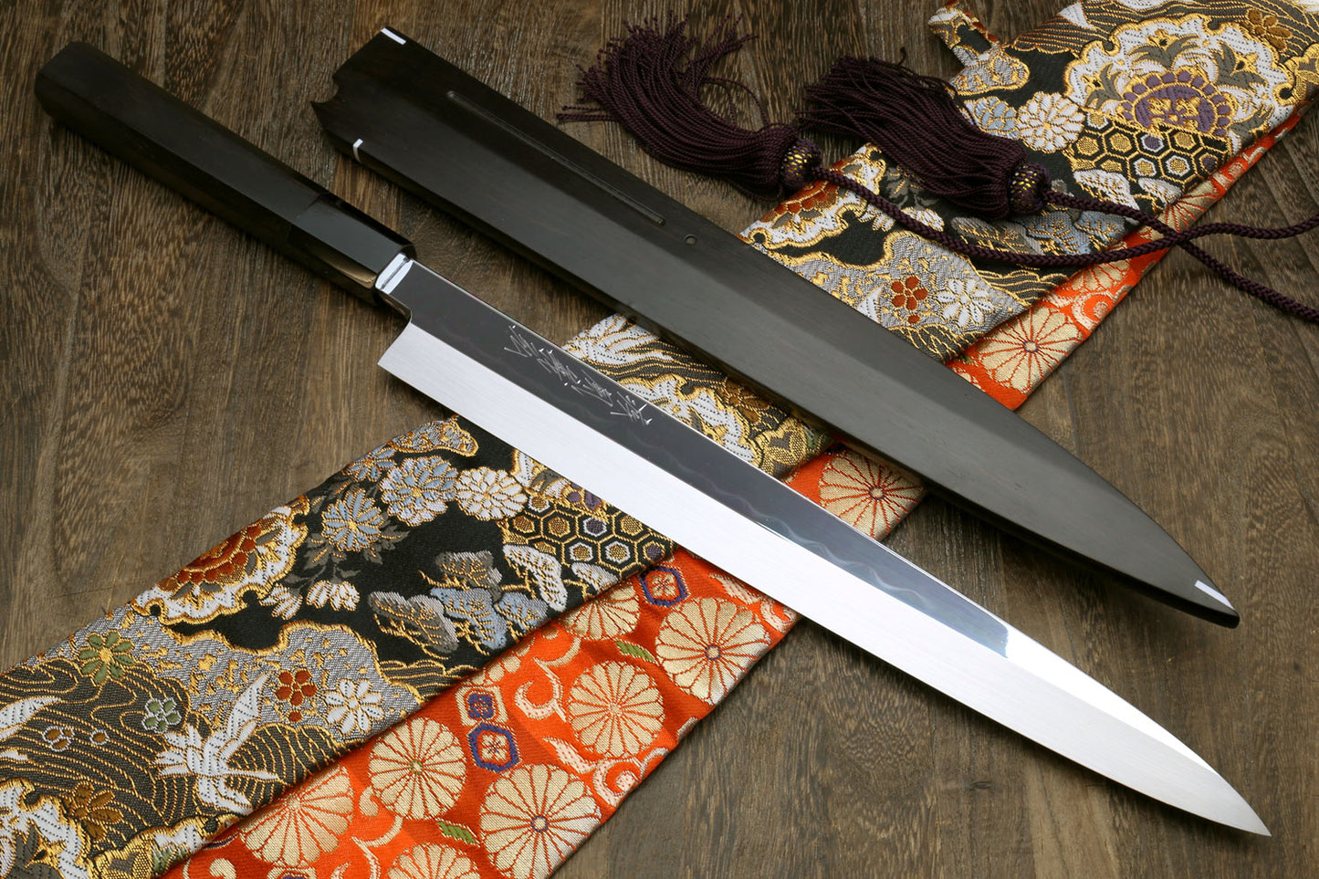 Yoshihiro Mizu Honyaki Mirror-Finished Namiukashi White Steel #2 Yanagi Sushi Sashimi Japanese Knife Ebony Handle and Saya