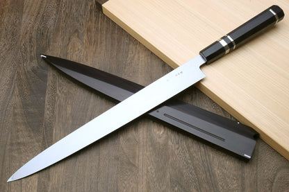 Yoshihiro Mizu Honyaki Mirror-Finished Namiukashi White Steel #2 Yanagi Sushi Sashimi Japanese Knife Triple Nickel Silver Ring Ebony Handle and Premium Ebony Saya