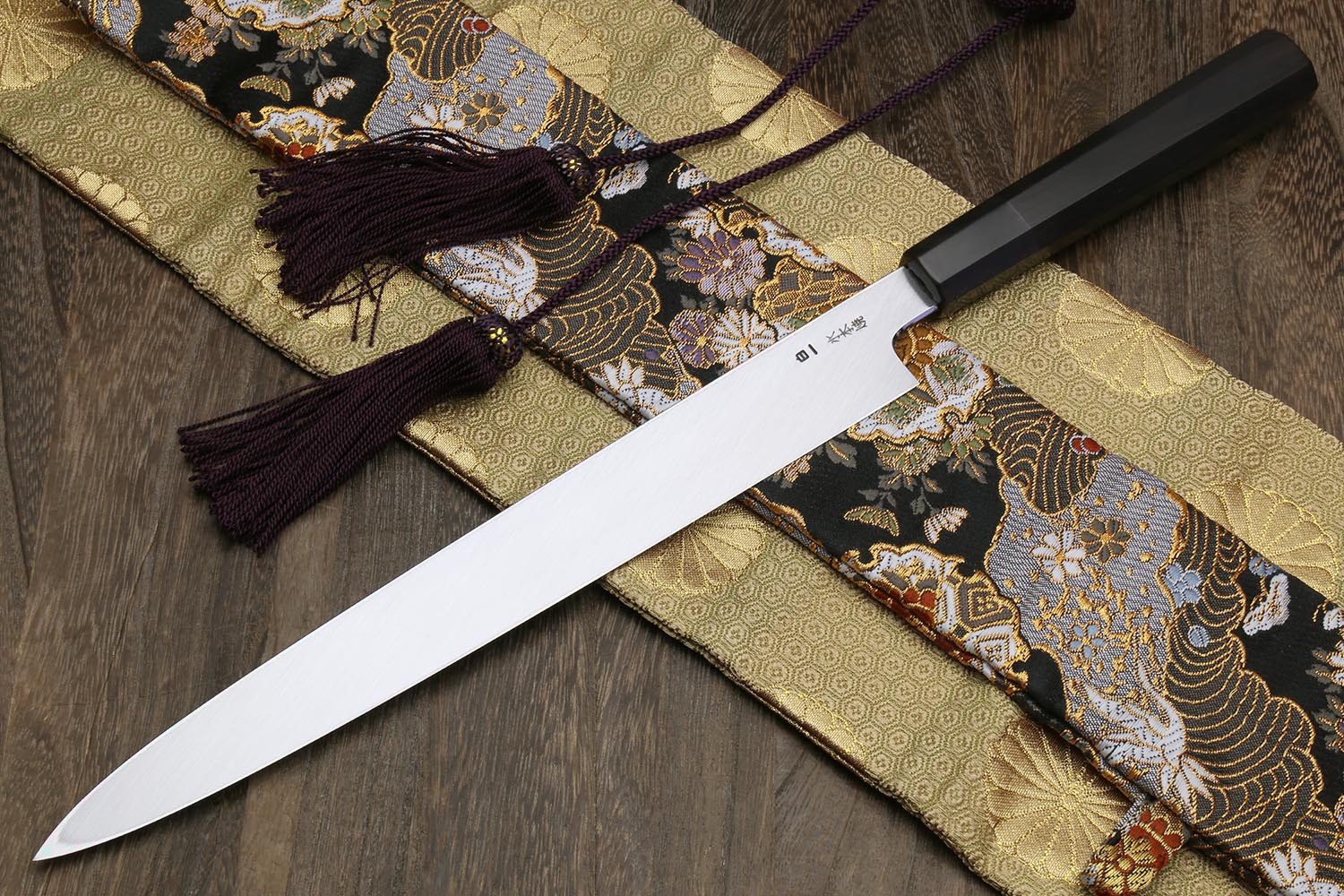 Yoshihiro Mizu Honyaki White Steel #1 Mirror-Finished Namiukashi Yanagi Ebony Handle