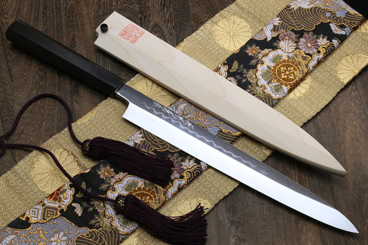 Yoshihiro Mizu Honyaki White Steel #1 Mirror-Finished Namiukashi Yanagi Ebony Handle