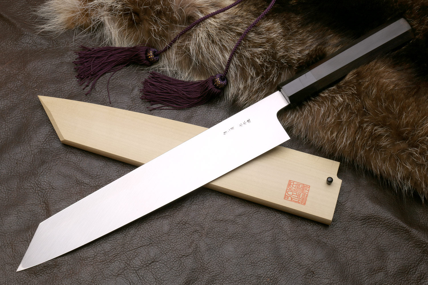 Yoshihiro Mizu Honyaki White Steel #2 Mirror-Polished Namiukashi Kiritsuke Knife Ebony wood Handle & Saya