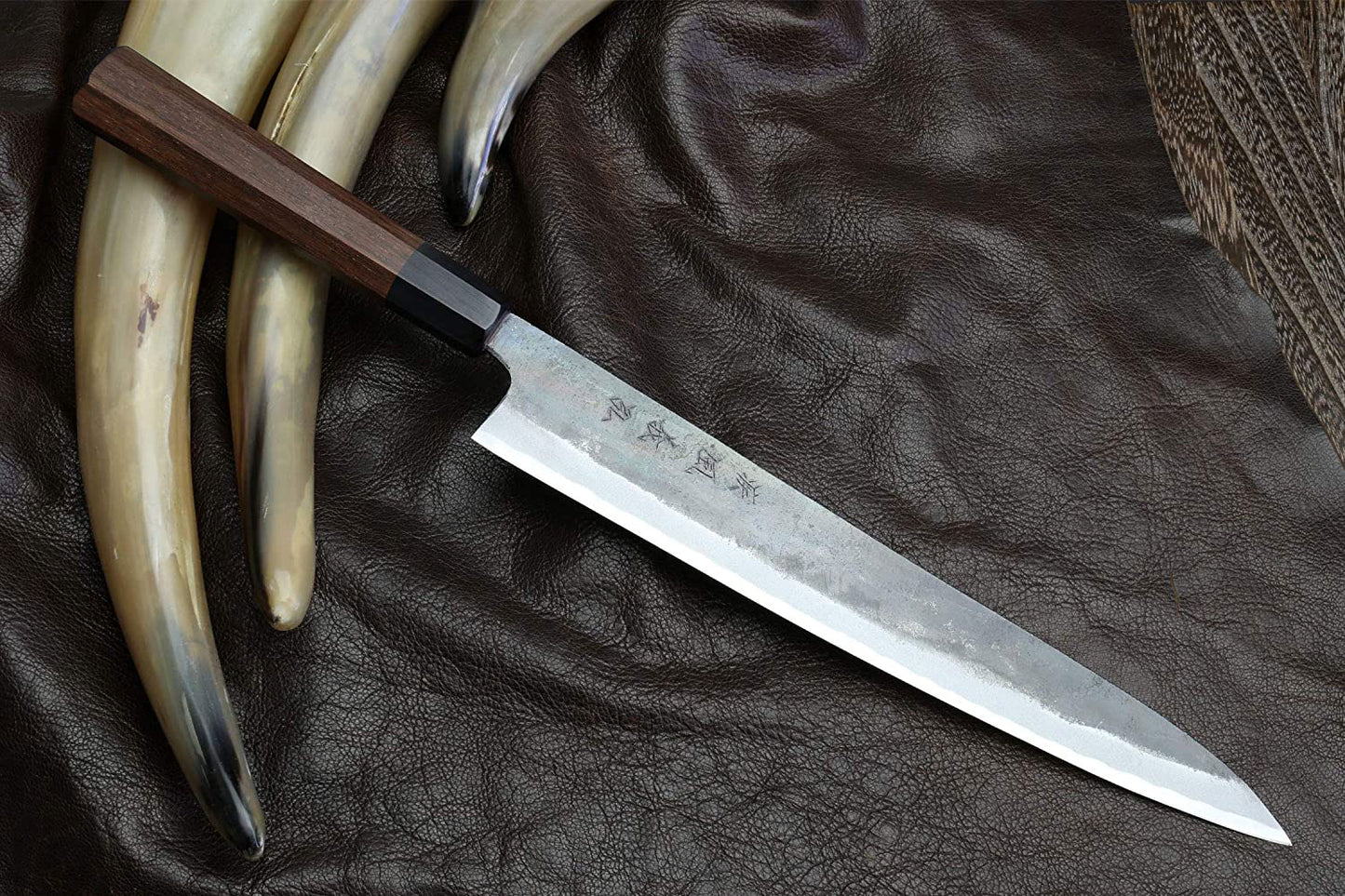 Yoshihiro Mizu Yaki Blue High Carbon Steel #1 Kurouchi Sujihiki Slicer Chef Knife with Shitan Wood Handle