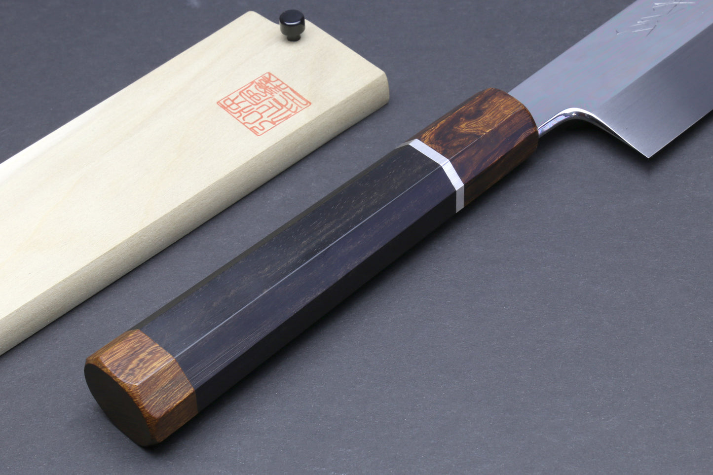 Yoshihiro Mizu Yaki Honyaki Aoko Blue Steel Mirror Finished Kiritsuke Japanese Multipurpose Knife Ebony Handle and Silver Ring