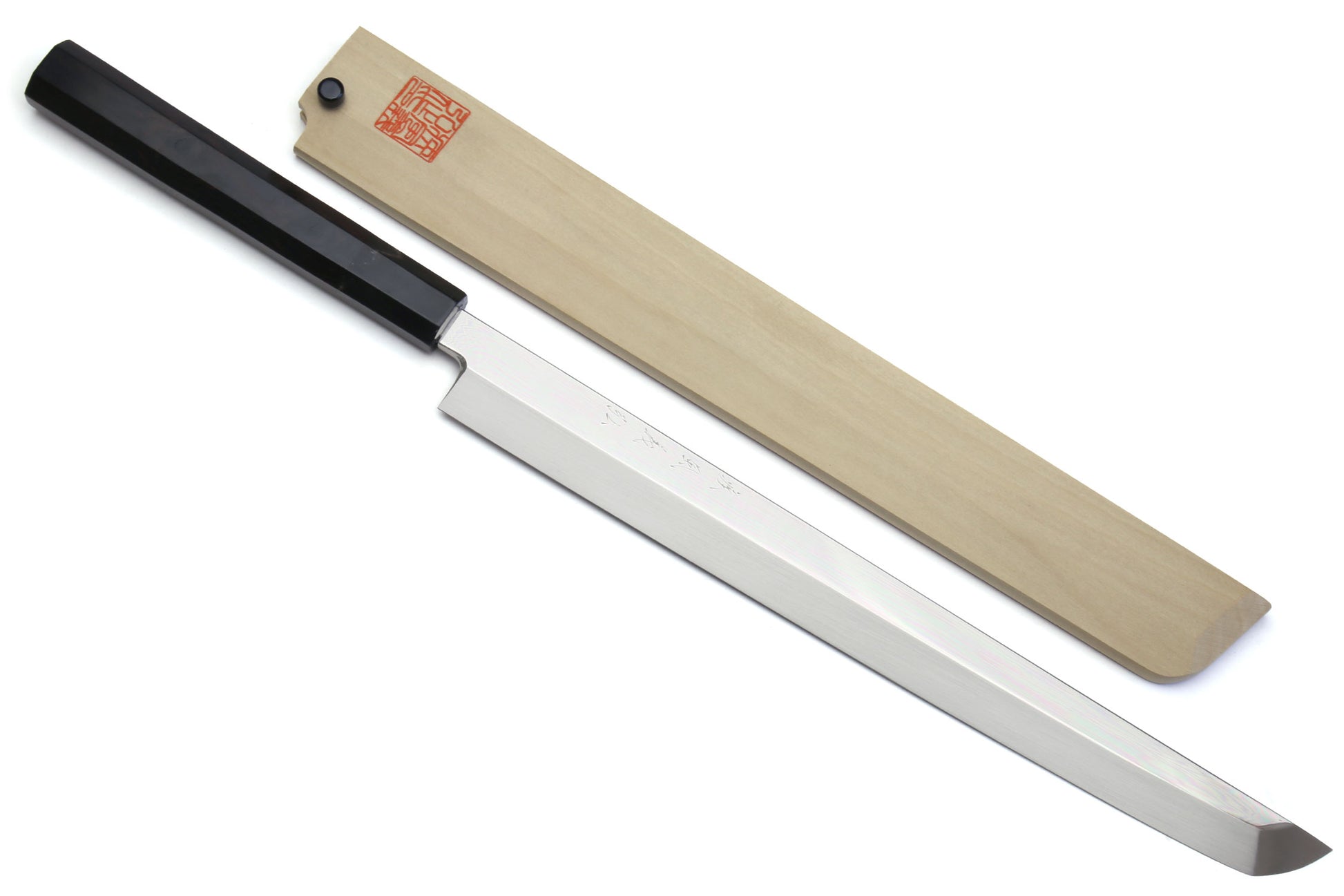 Yoshihiro Mizu Yaki Honyaki Aoko Blue Steel Mirror Polished Sakimaru Takobiki Sushi Knife Ebony Handle