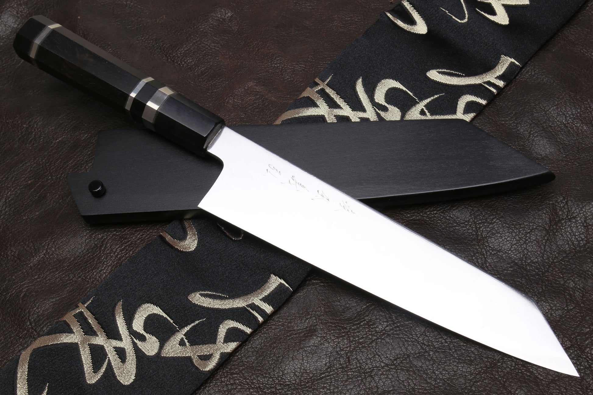 Yoshihiro Mizu Yaki Honyaki Shiroko White Steel #2 Mirror Polished Kiritsuke Japanese Multipurpose Knife with Triple Nickel Silver Ring Ebony Handle