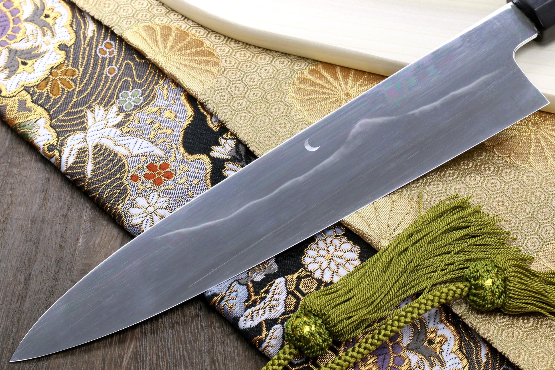 Yoshihiro Mizu Yaki White Steel #1 Honyaki Mirror-Finished Mt. Fuji with Crescent Moon Gyuto Chefs Knife with Ebony Handle