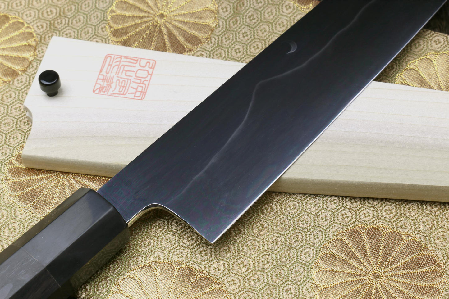 Yoshihiro Mizu Yaki White Steel #1 Honyaki Mirror-Finished Mt. Fuji with Crescent Moon Gyuto Chefs Knife with Ebony Handle