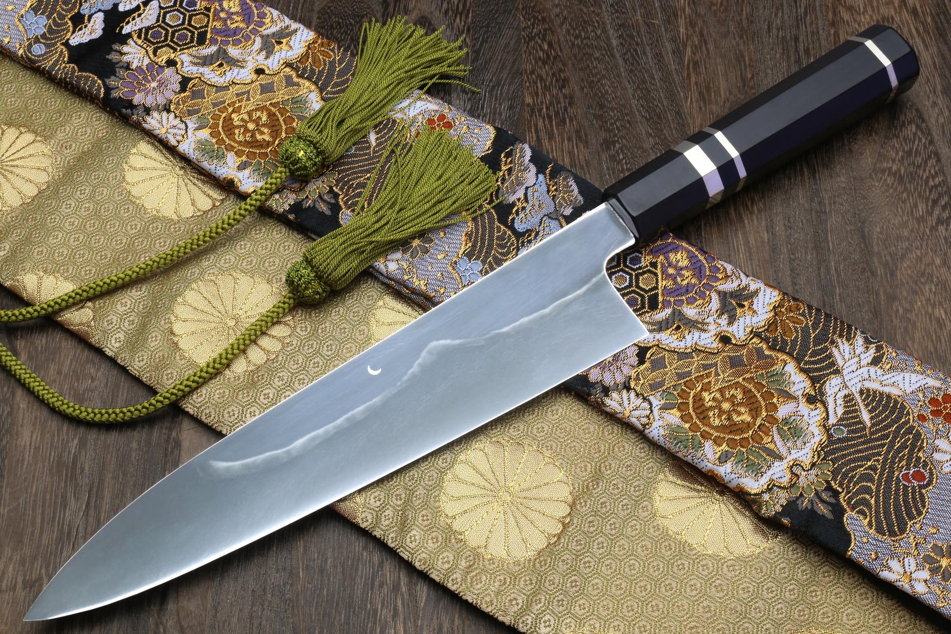 Yoshihiro Mizu Yaki White Steel #2 Honyaki Mirror-Finished Mt. Fuji with Crescent Moon Gyuto Chefs Knife Oct. Ebony Triple Nickel Silver Ring Handle and Nuri Saya