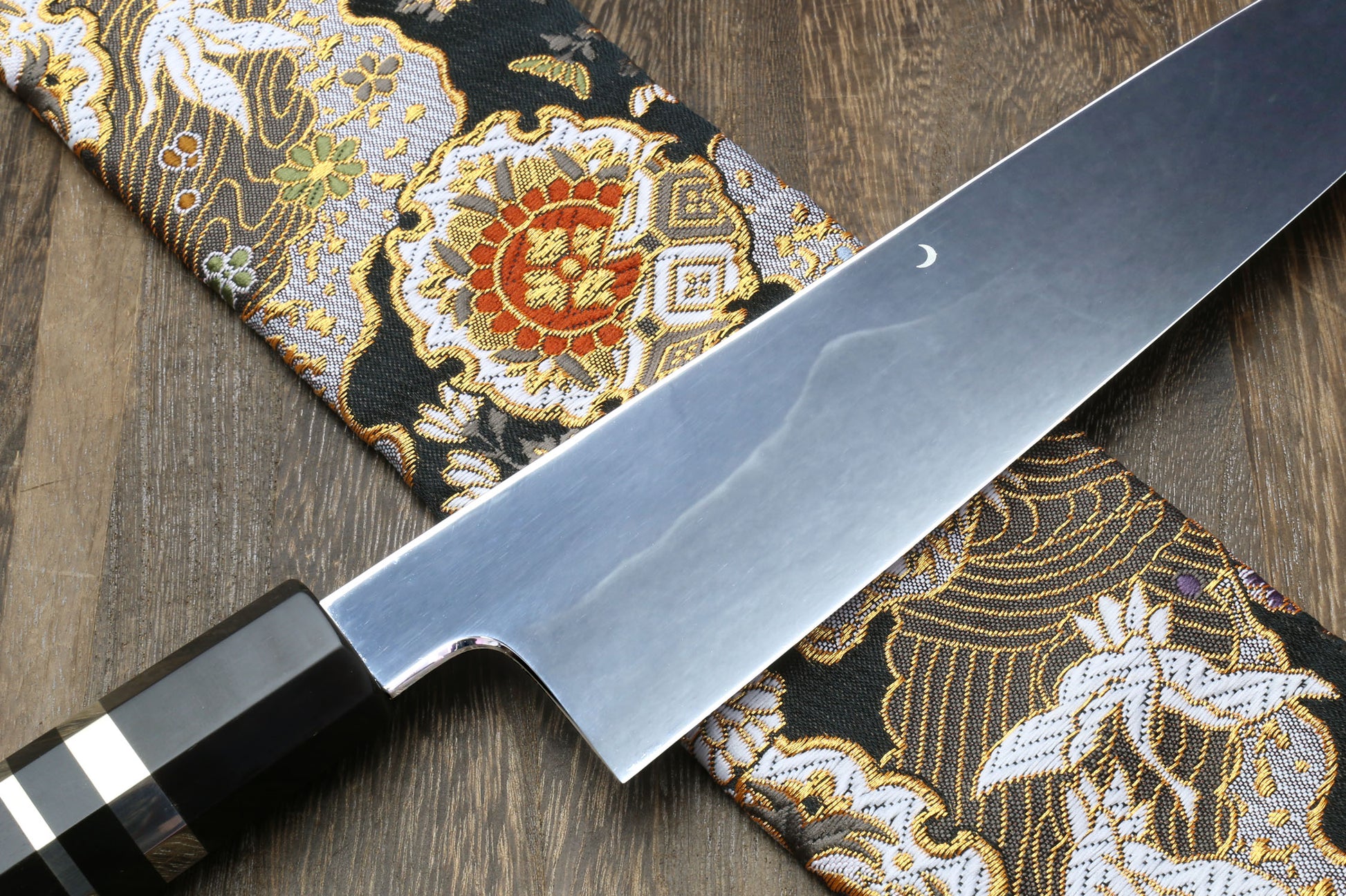 Yoshihiro Mizu Yaki White Steel #2 Honyaki Mirror-Finished Mt. Fuji with Crescent Moon Gyuto Chefs Knife Oct. Ebony Triple Nickel Silver Ring Handle and Nuri Saya