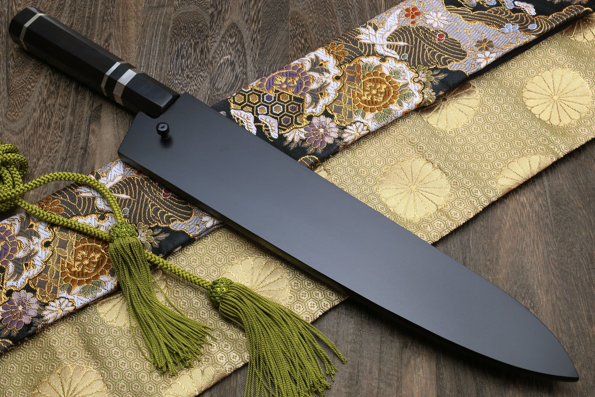 Yoshihiro Mizu Yaki White Steel #2 Honyaki Mirror-Finished Mt. Fuji with Crescent Moon Gyuto Chefs Knife Oct. Ebony Triple Nickel Silver Ring Handle and Nuri Saya