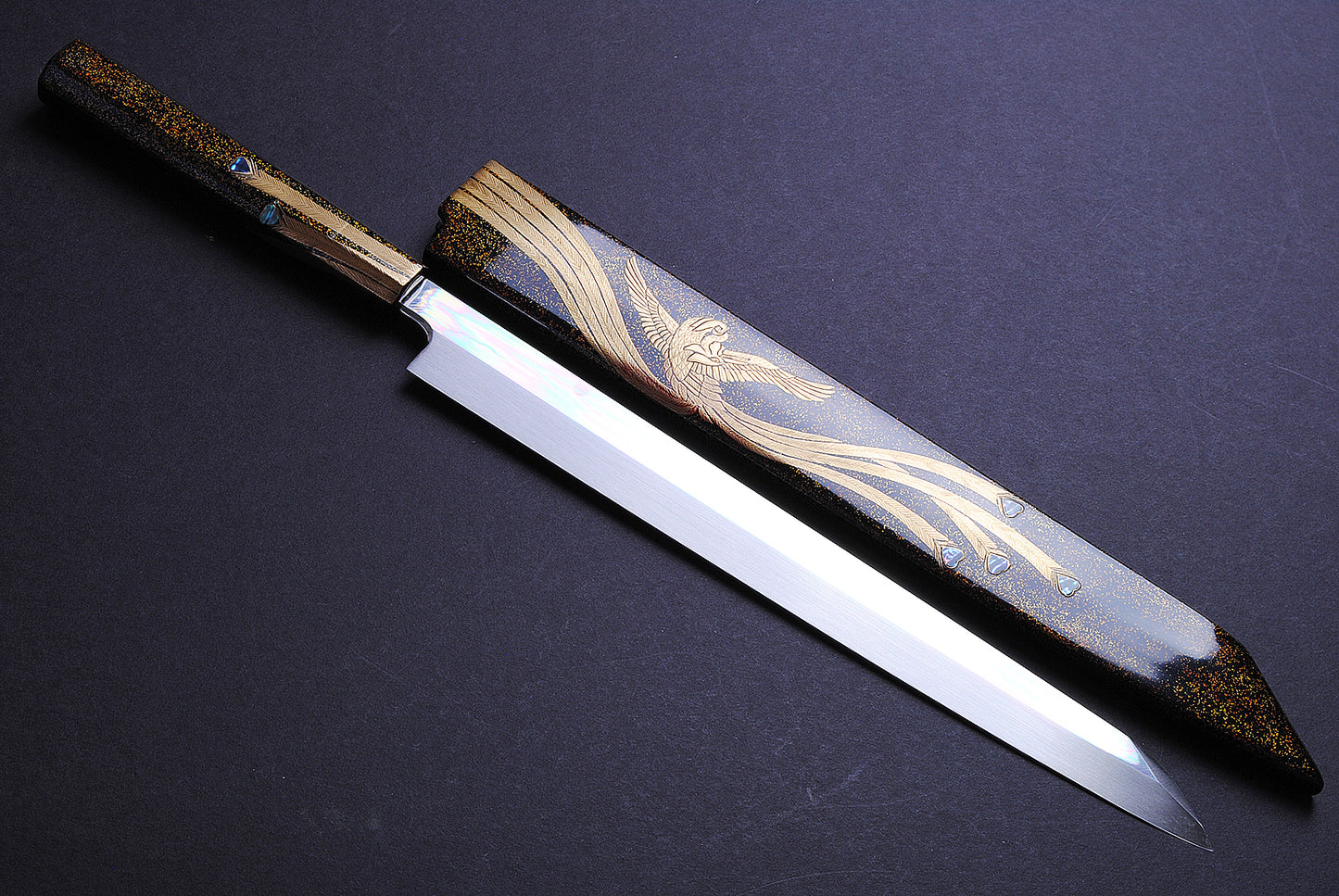 Yoshihiro Mizuyaki Honyaki Mirror Finished Mt.Fuji with Full Moon Yanagi Kiritsuke 24k Gold Phoenix Maki-Urushi Lacquered Rosewood Handle and Saya