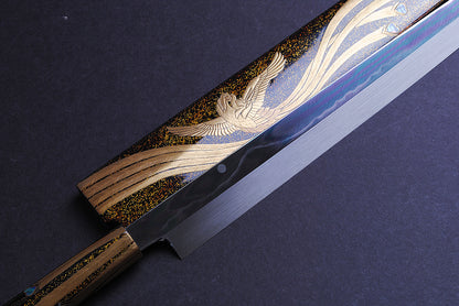 Yoshihiro Mizuyaki Honyaki Mirror Finished Mt.Fuji with Full Moon Yanagi Kiritsuke 24k Gold Phoenix Maki-Urushi Lacquered Rosewood Handle and Saya