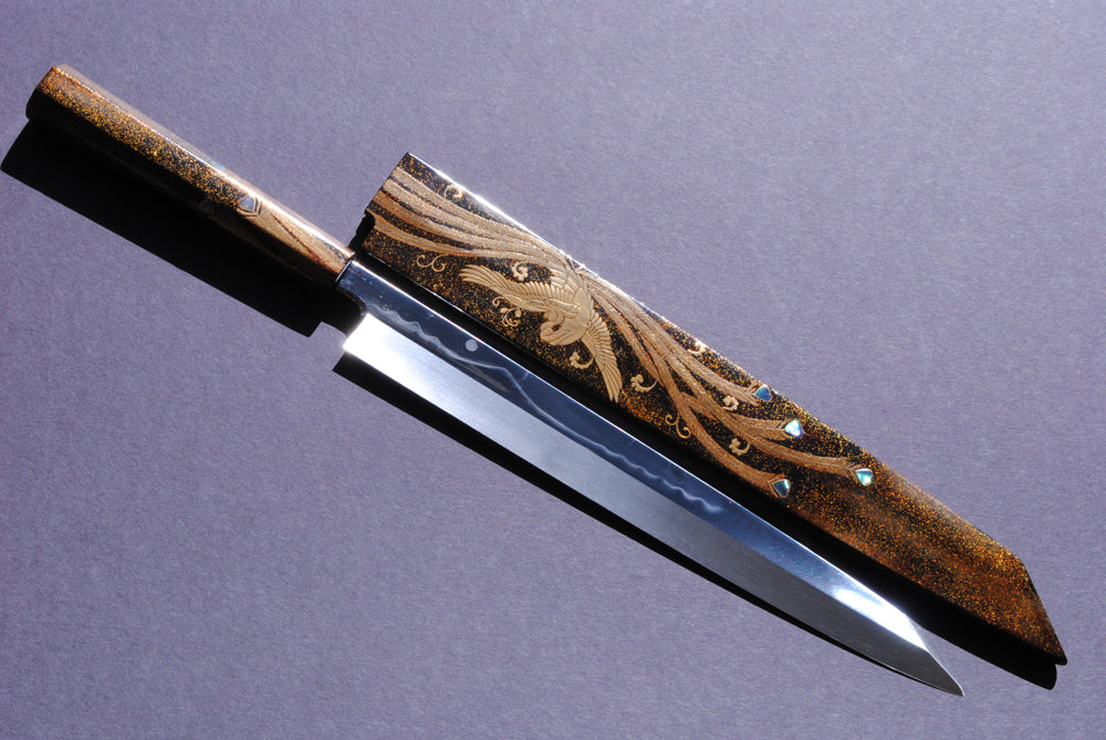 Yoshihiro Mizuyaki Honyaki Mirror Finished Mt.Fuji with Full Moon Yanagi Kiritsuke 24k Gold Phoenix Maki-Urushi Lacquered Rosewood Handle and Saya