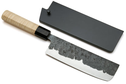 Yoshihiro Nashiji Kurouchi White Steel #2 Stainless Clad Nakiri Vegetable Knife with Kaede Wood Handle