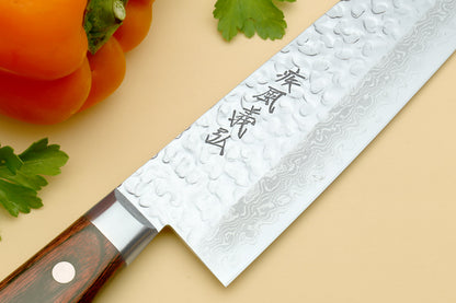 Yoshihiro VG-10 16 Layer Hammered Damascus Stainless Steel Nakiri Vegetable Knife 6.5" (165mm)