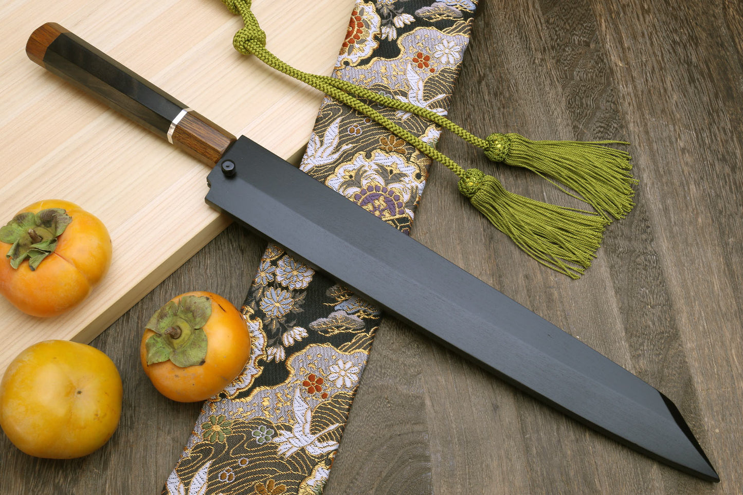 Yoshihiro VG-10 Stainless Steel Mirror Finished Yanagi Kiritsuke Sushi Sashimi Japanese Knife with Ebony Handle Sterling Silver Ring and  Nuri Saya Cover